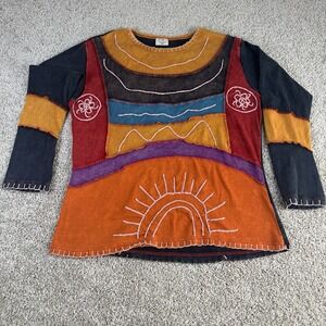 GreaterGood Patchwork Long Sleeve Top Womens XXL Boho Hippie Cotton Shirt
